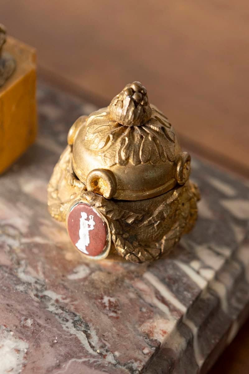 19th-Century French Marble and Gilt Bronze Inkwell with Rooster Motif - JAA