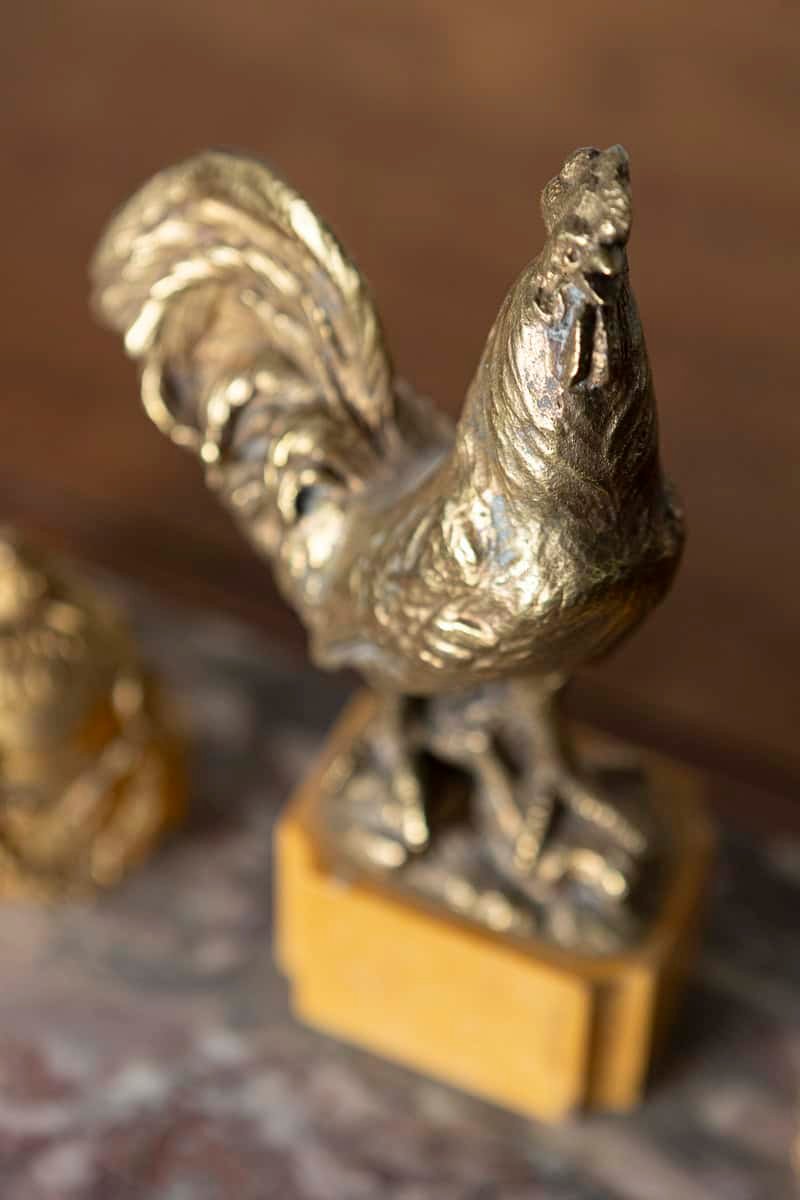 19th-Century French Marble and Gilt Bronze Inkwell with Rooster Motif - JAA