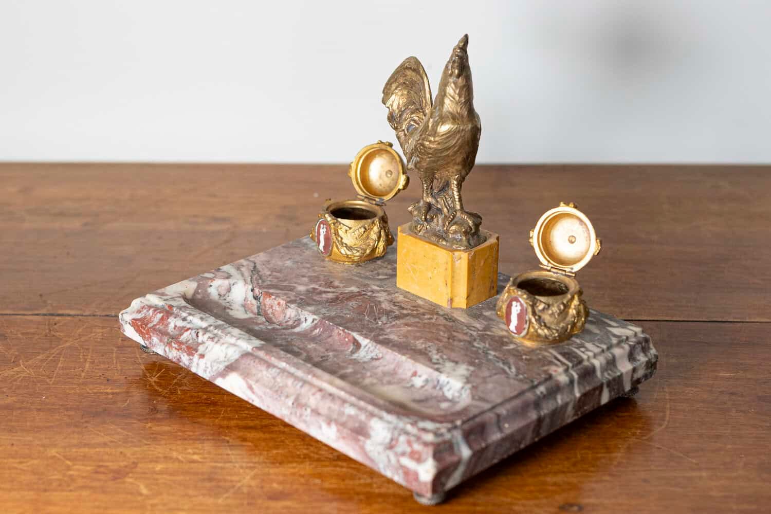 19th-Century French Marble and Gilt Bronze Inkwell with Rooster Motif - JAA