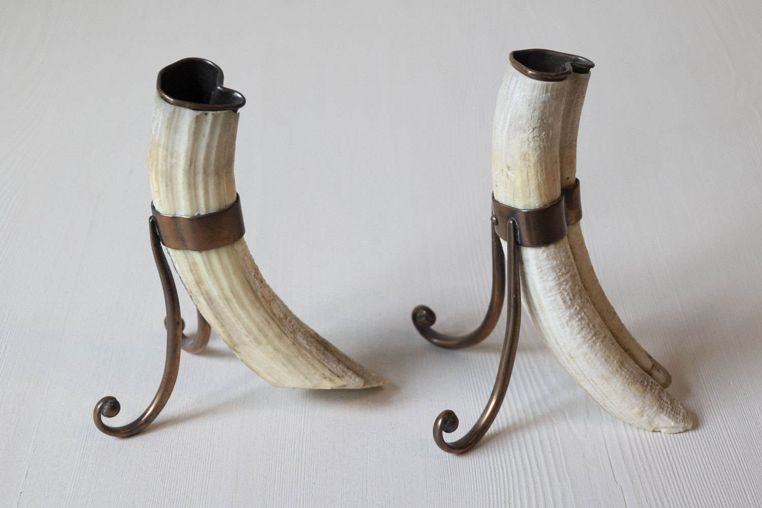 Rustic Pair of 19th Century Game Animal Horns Mounted on Scrolling Metal Stands - JAA