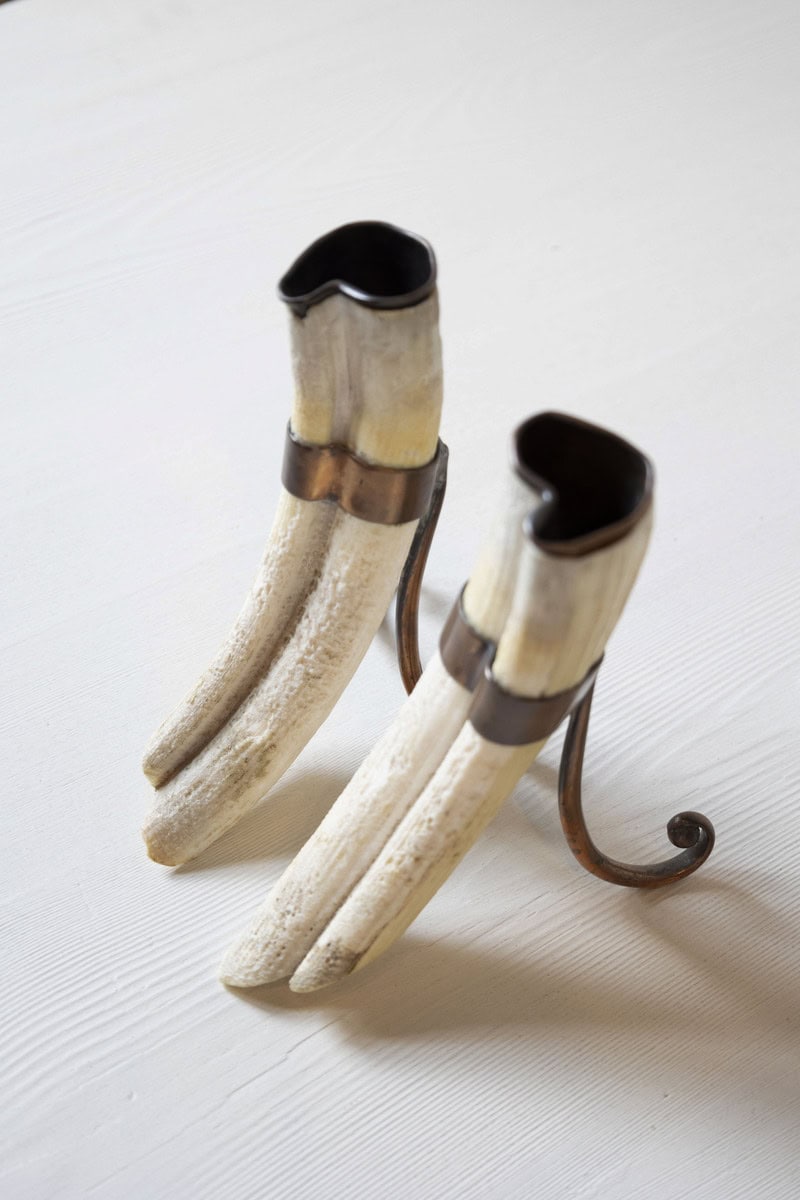 Rustic Pair of 19th Century Game Animal Horns Mounted on Scrolling Metal Stands - JAA