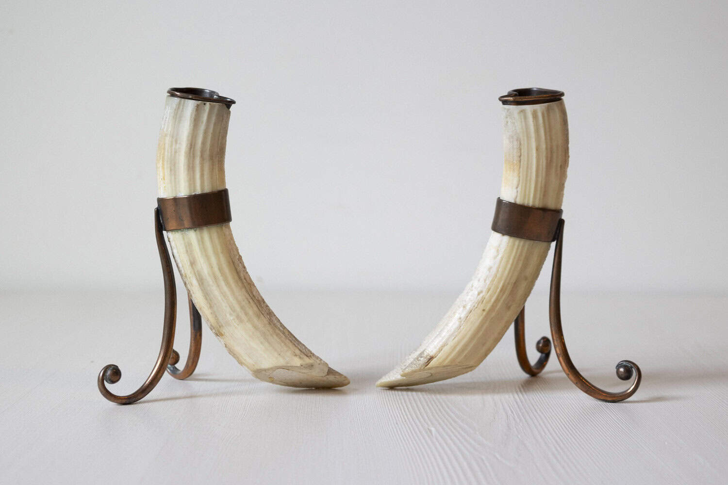 Rustic Pair of 19th Century Game Animal Horns Mounted on Scrolling Metal Stands - JAA