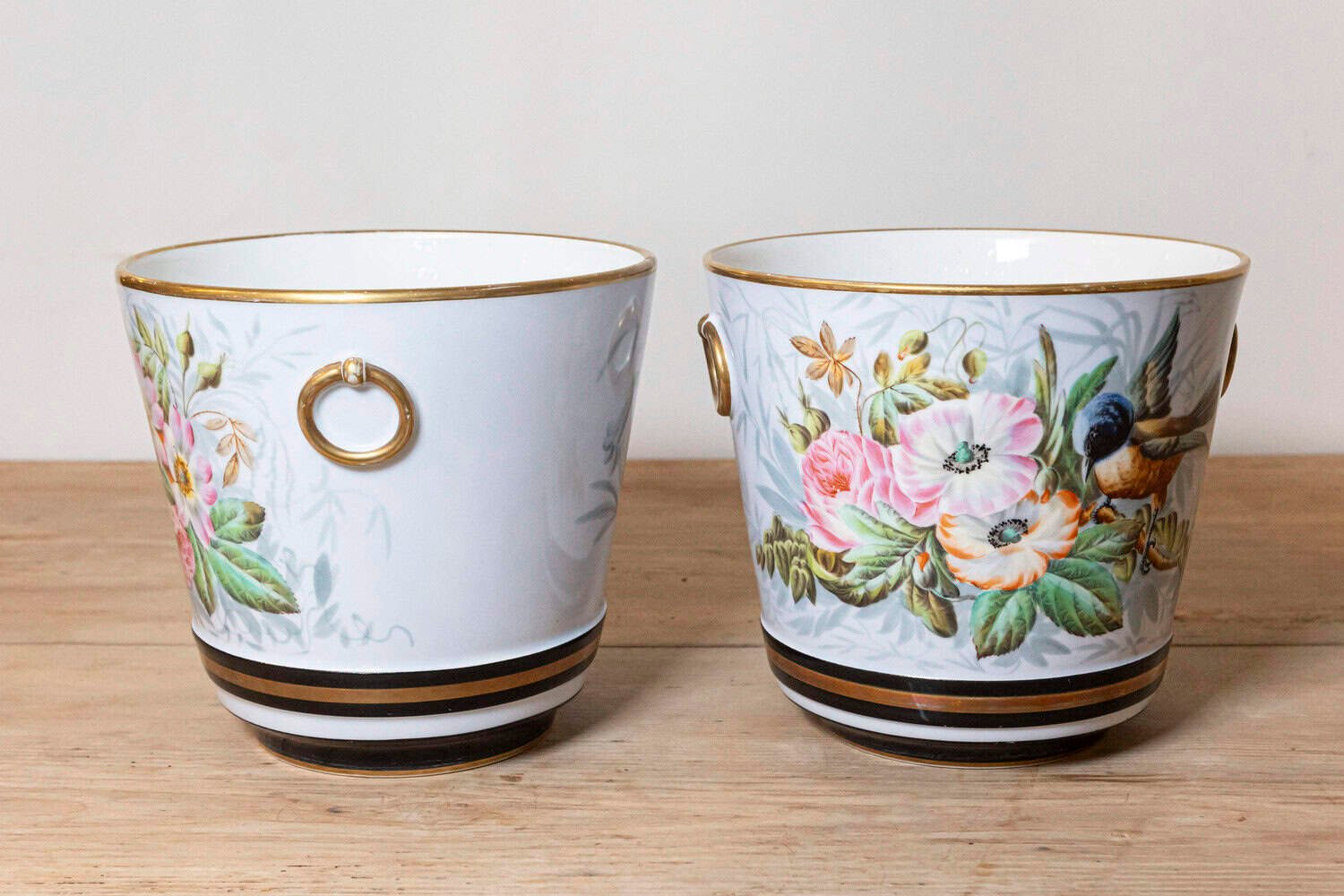 Pair of French 19th Century Paris Porcelain Cachepots Planters with Bird Motifs - JAA