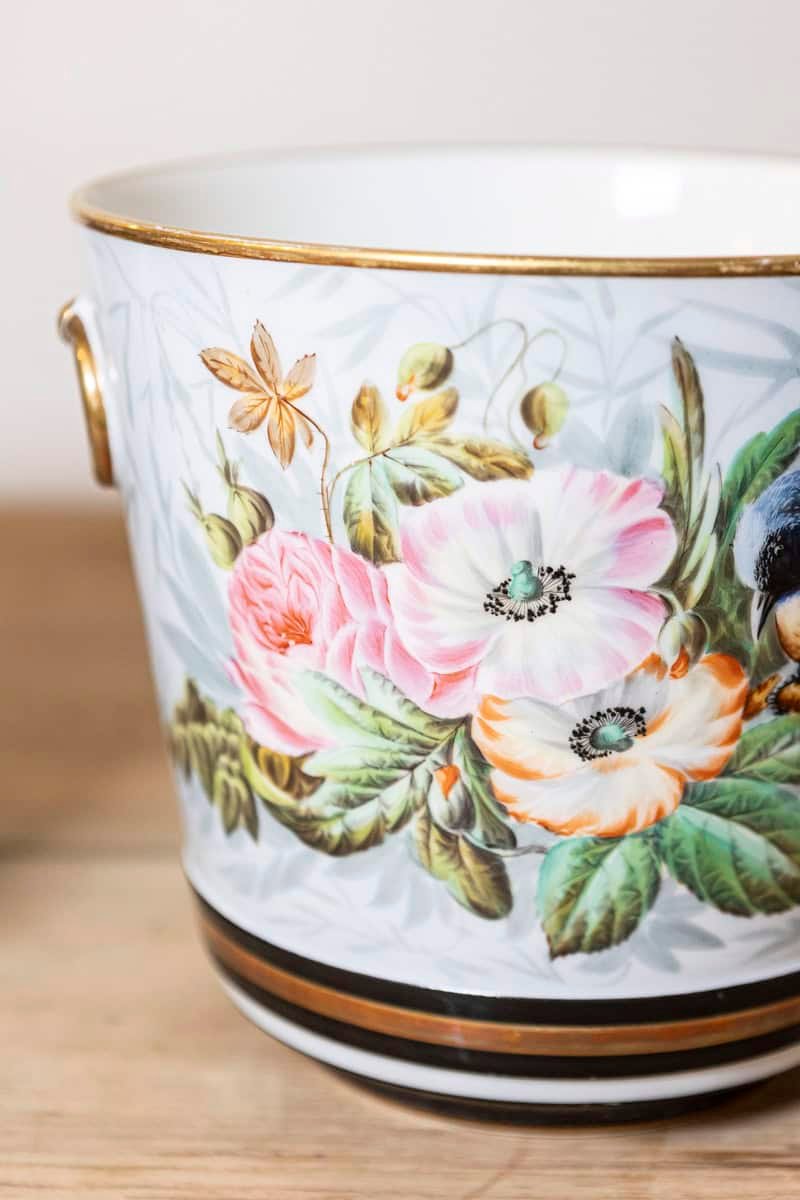 Pair of French 19th Century Paris Porcelain Cachepots Planters with Bird Motifs - JAA