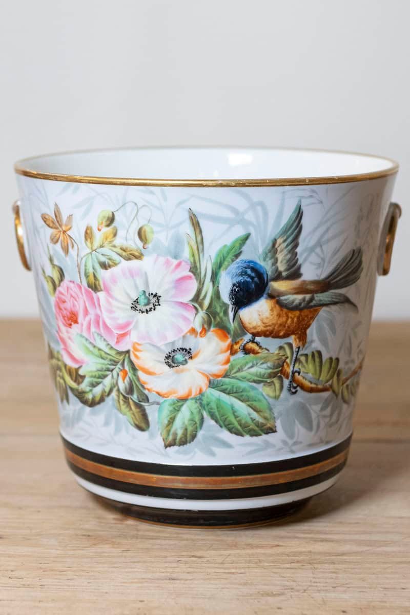 Pair of French 19th Century Paris Porcelain Cachepots Planters with Bird Motifs - JAA