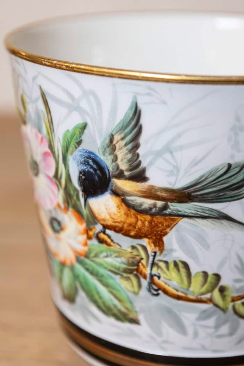 Pair of French 19th Century Paris Porcelain Cachepots Planters with Bird Motifs - JAA