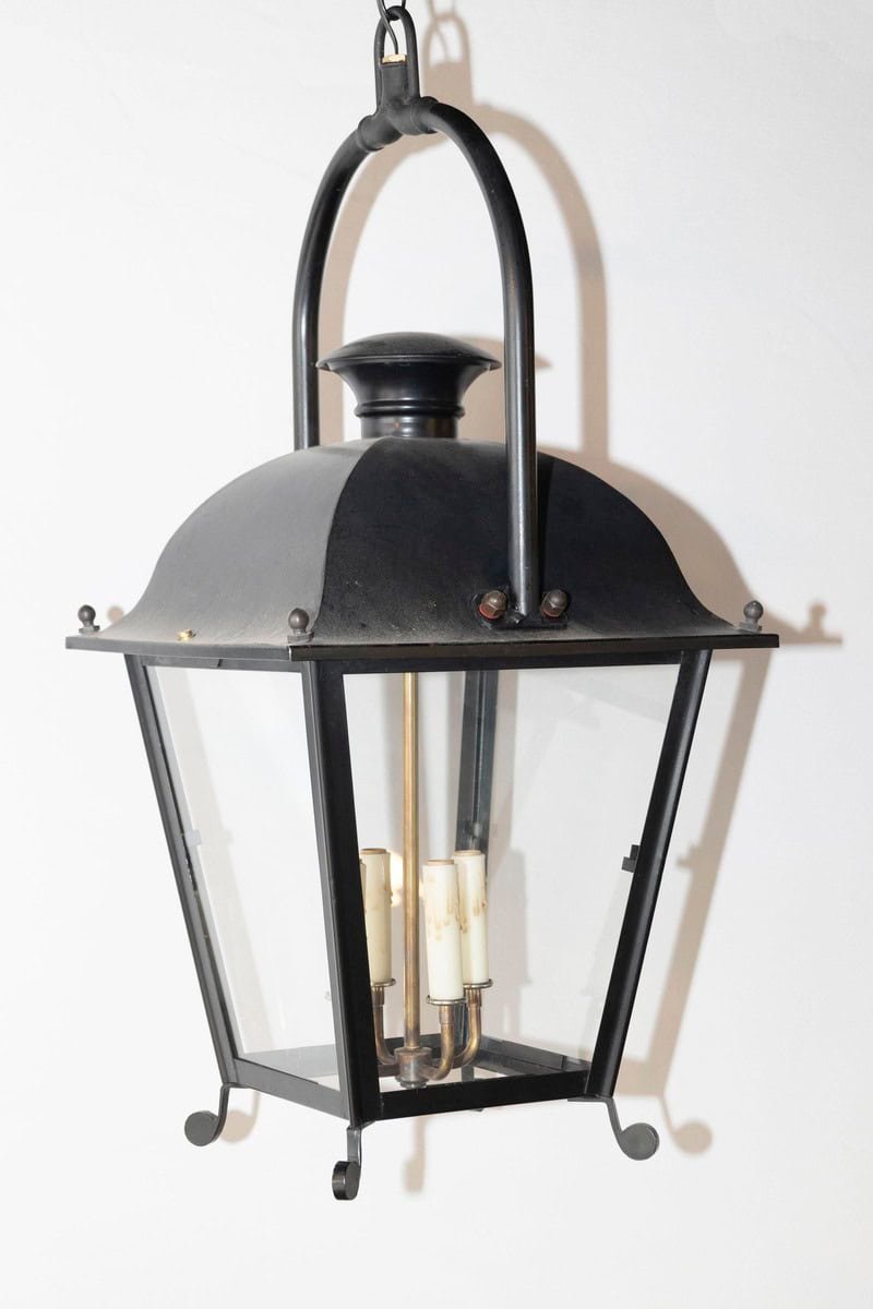 3 Available (Priced Each) - 20th Century French Iron Lantern with classic silhouette and glass panels - JAA