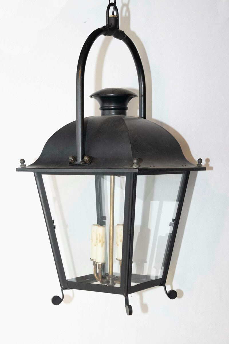3 Available (Priced Each) - 20th Century French Iron Lantern with classic silhouette and glass panels - JAA