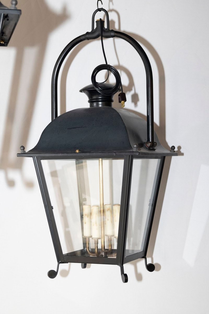 3 Available (Priced Each) - 20th Century French Iron Lantern with classic silhouette and glass panels - JAA