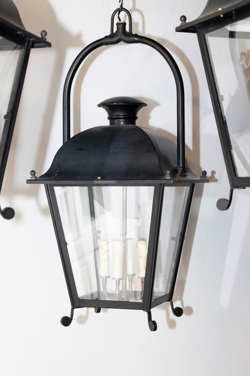 3 Available (Priced Each) - 20th Century French Iron Lantern with classic silhouette and glass panels - JAA