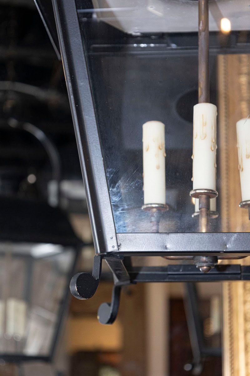3 Available (Priced Each) - 20th Century French Iron Lantern with classic silhouette and glass panels - JAA