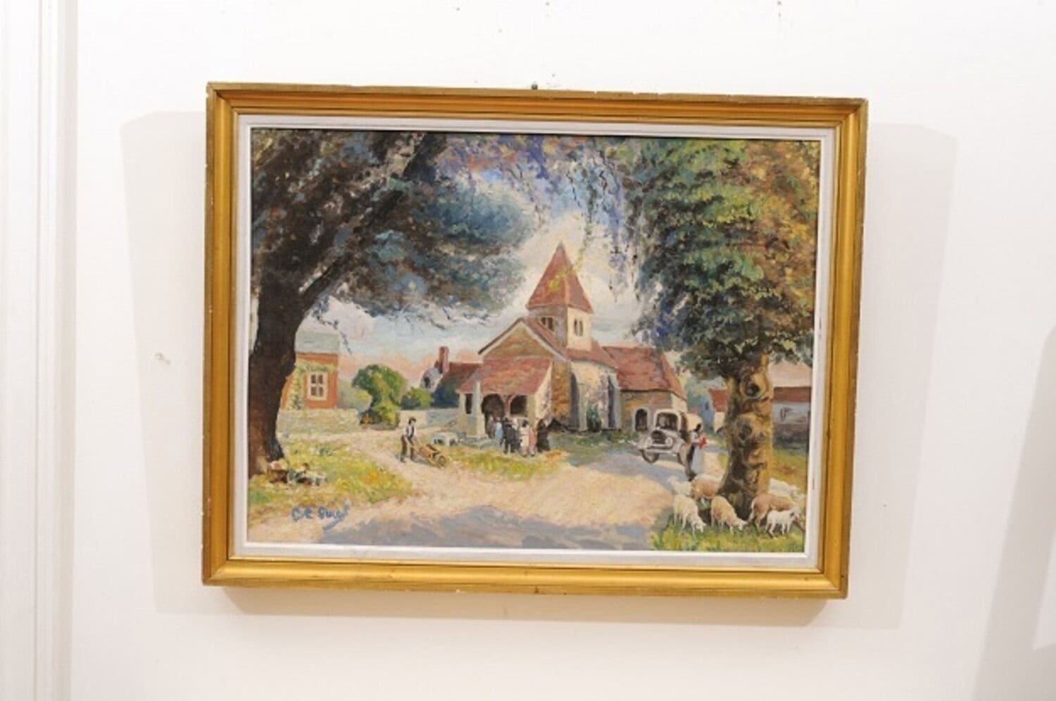 French Impressionist Style 1950s Oil on Canvas Painting Depicting a Small Church - JAA