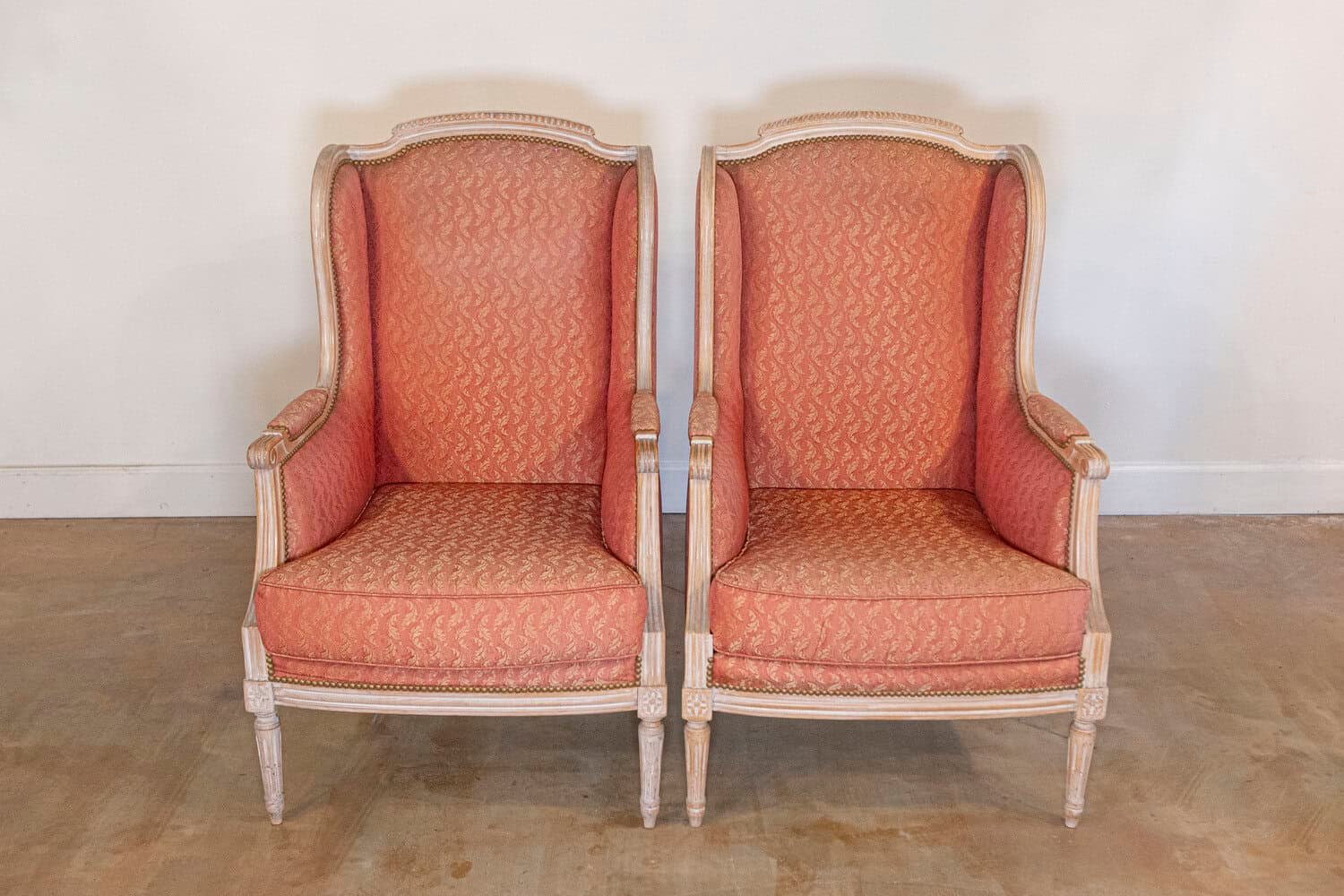 Pair of French Louis XVI Style 1900s Painted Bergères Chairs with Upholstery - JAA
