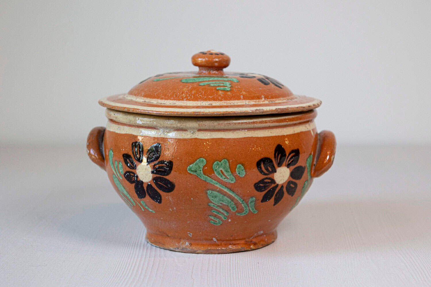 Rustic French 19th Century Glazed Terracotta Covered Baking Dish with Flowers - JAA