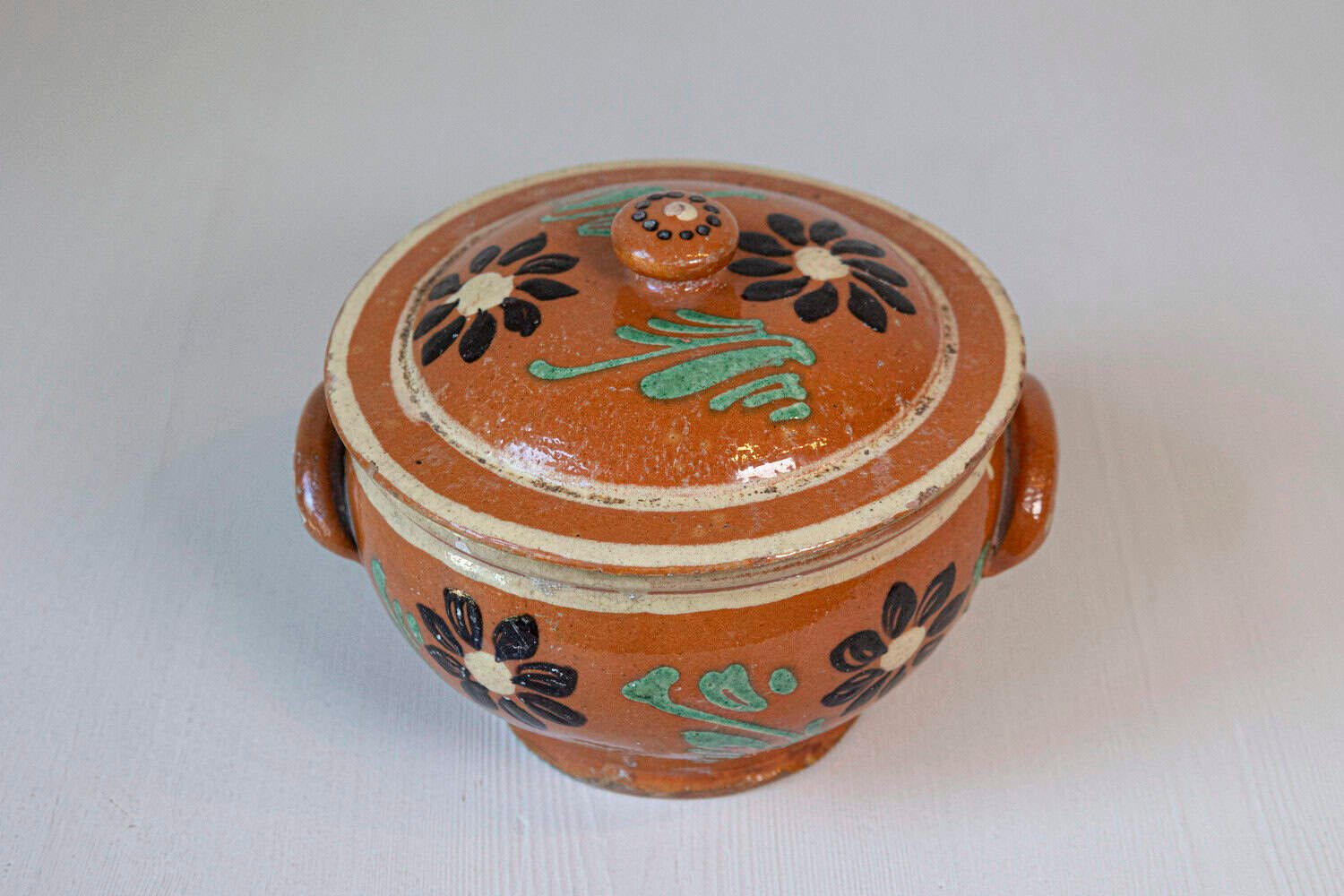 Rustic French 19th Century Glazed Terracotta Covered Baking Dish with Flowers - JAA