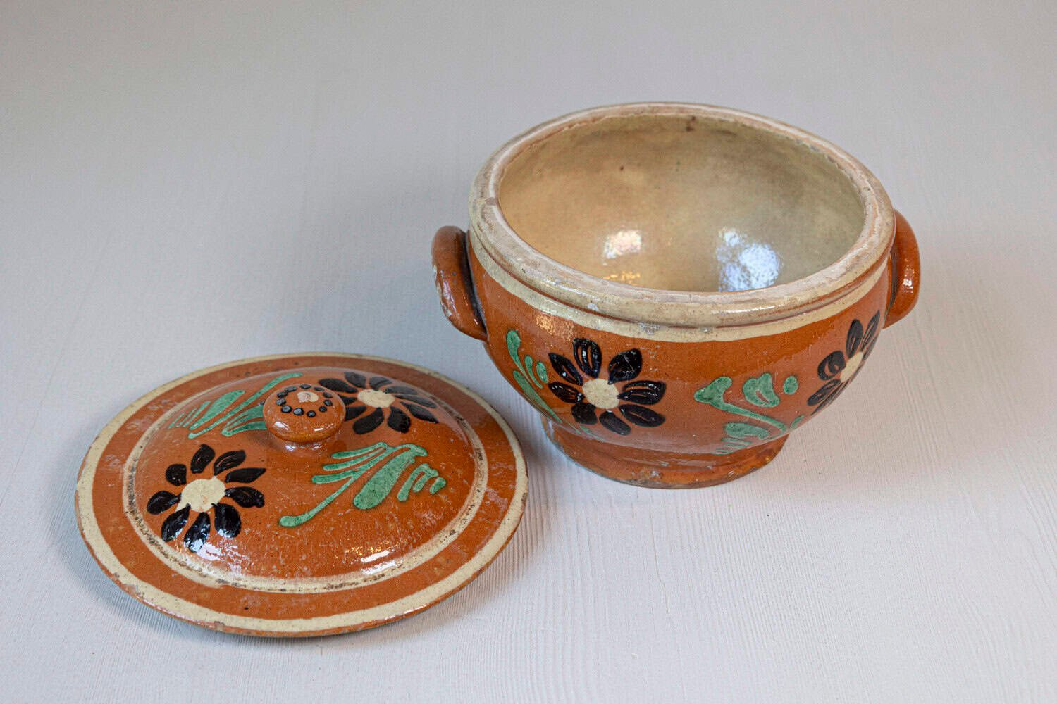 Rustic French 19th Century Glazed Terracotta Covered Baking Dish with Flowers - JAA