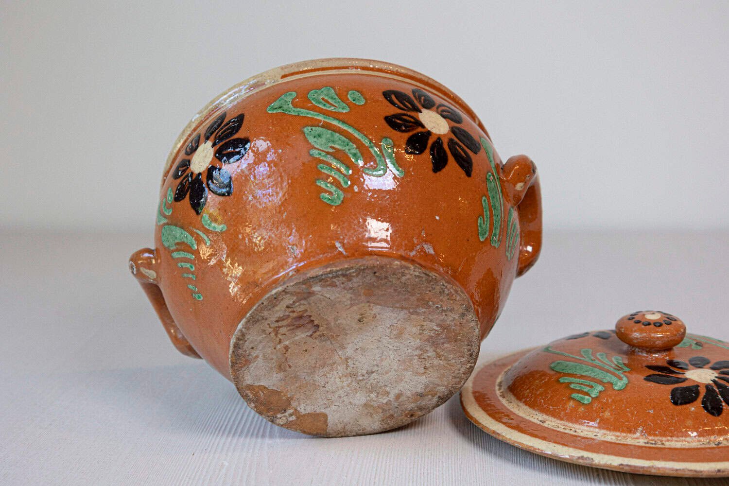 Rustic French 19th Century Glazed Terracotta Covered Baking Dish with Flowers - JAA