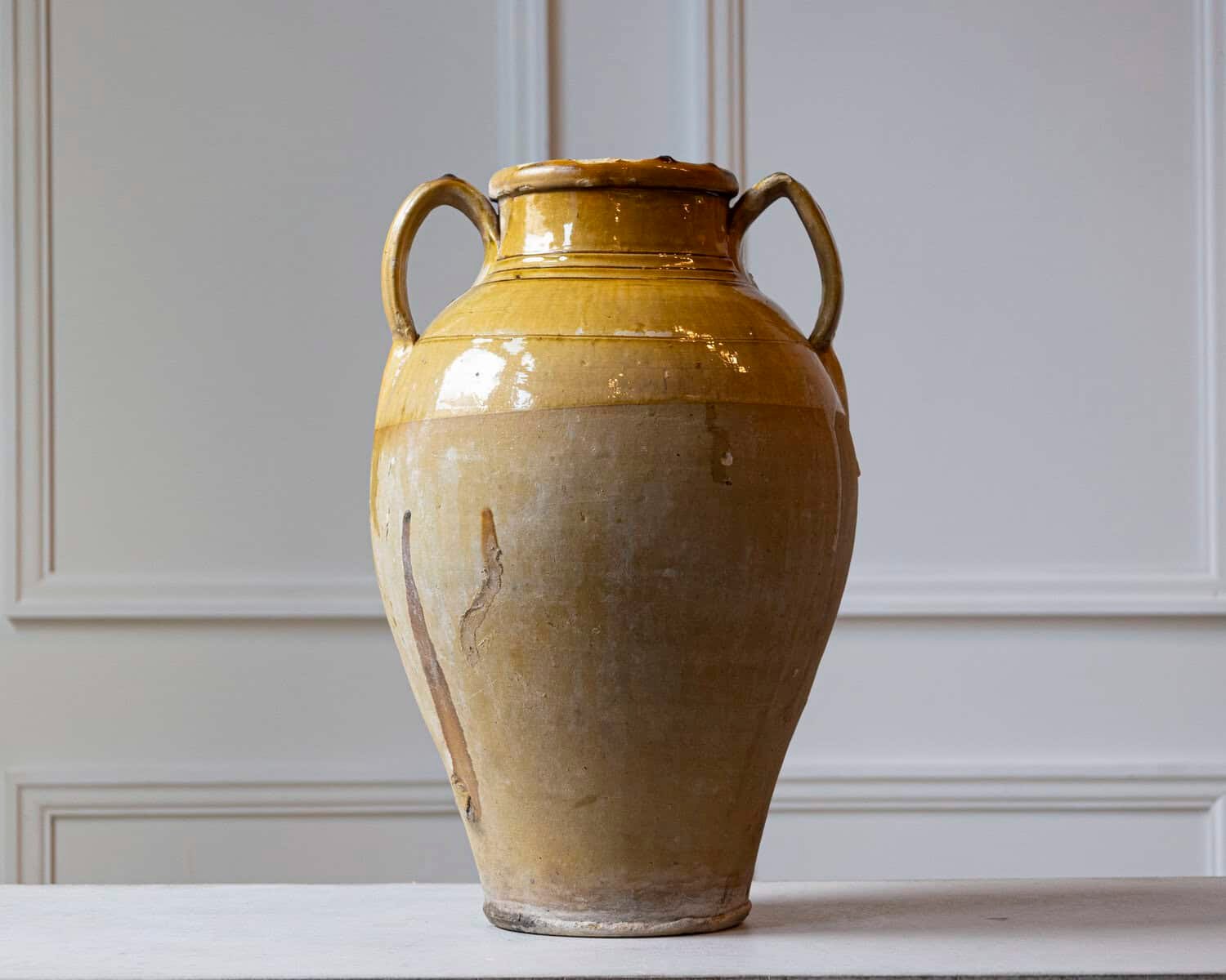 19th Century Mediterranean Pottery Jug with Yellow Glazed Rim and Handles - JAA