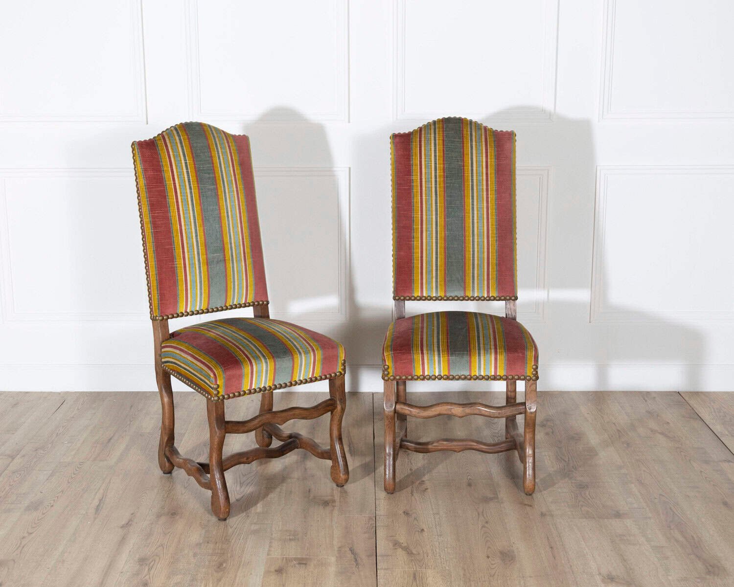 Set of Six Pegged Oak Mutton-Leg Dining Chairs with Striped Upholstery - JAA