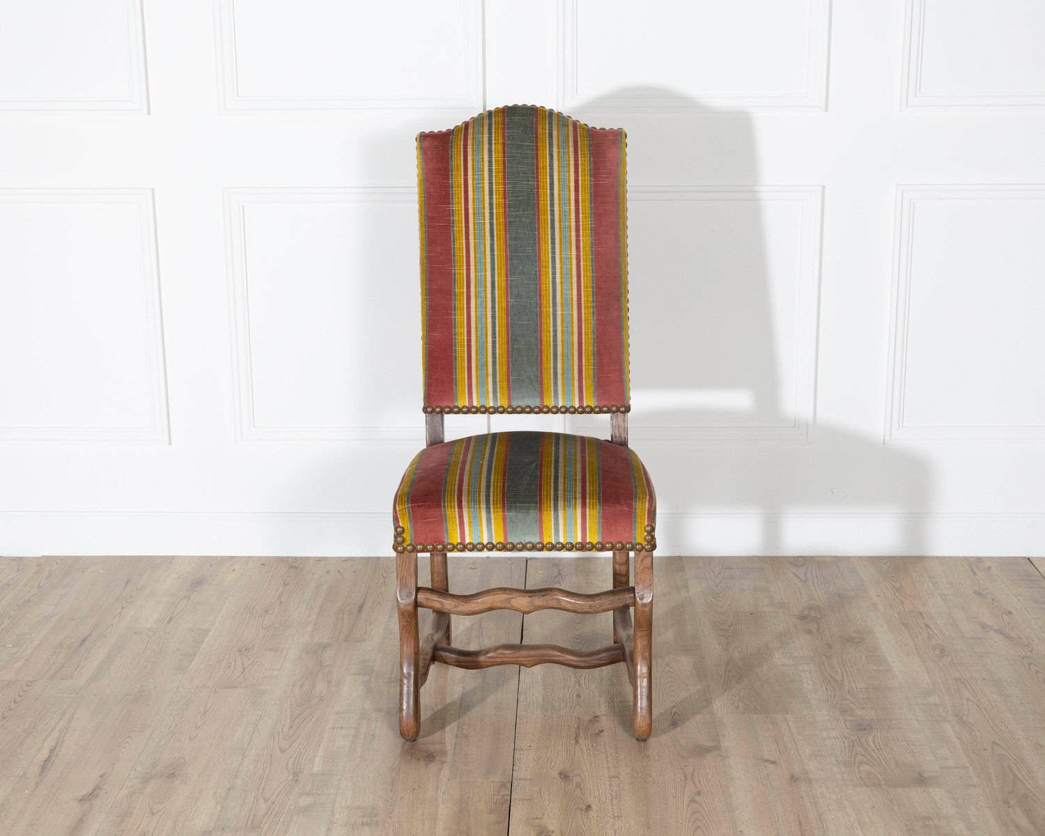 Set of Six Pegged Oak Mutton-Leg Dining Chairs with Striped Upholstery - JAA