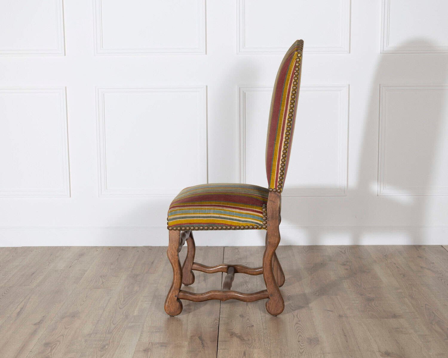 Set of Six Pegged Oak Mutton-Leg Dining Chairs with Striped Upholstery - JAA