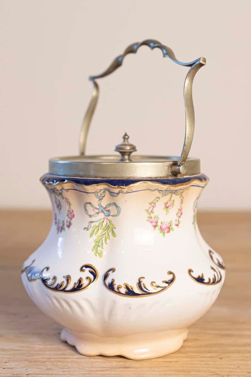 England Crescent Ware 1890s Porcelain Pot with Floral Motifs and EPNS Lid - JAA