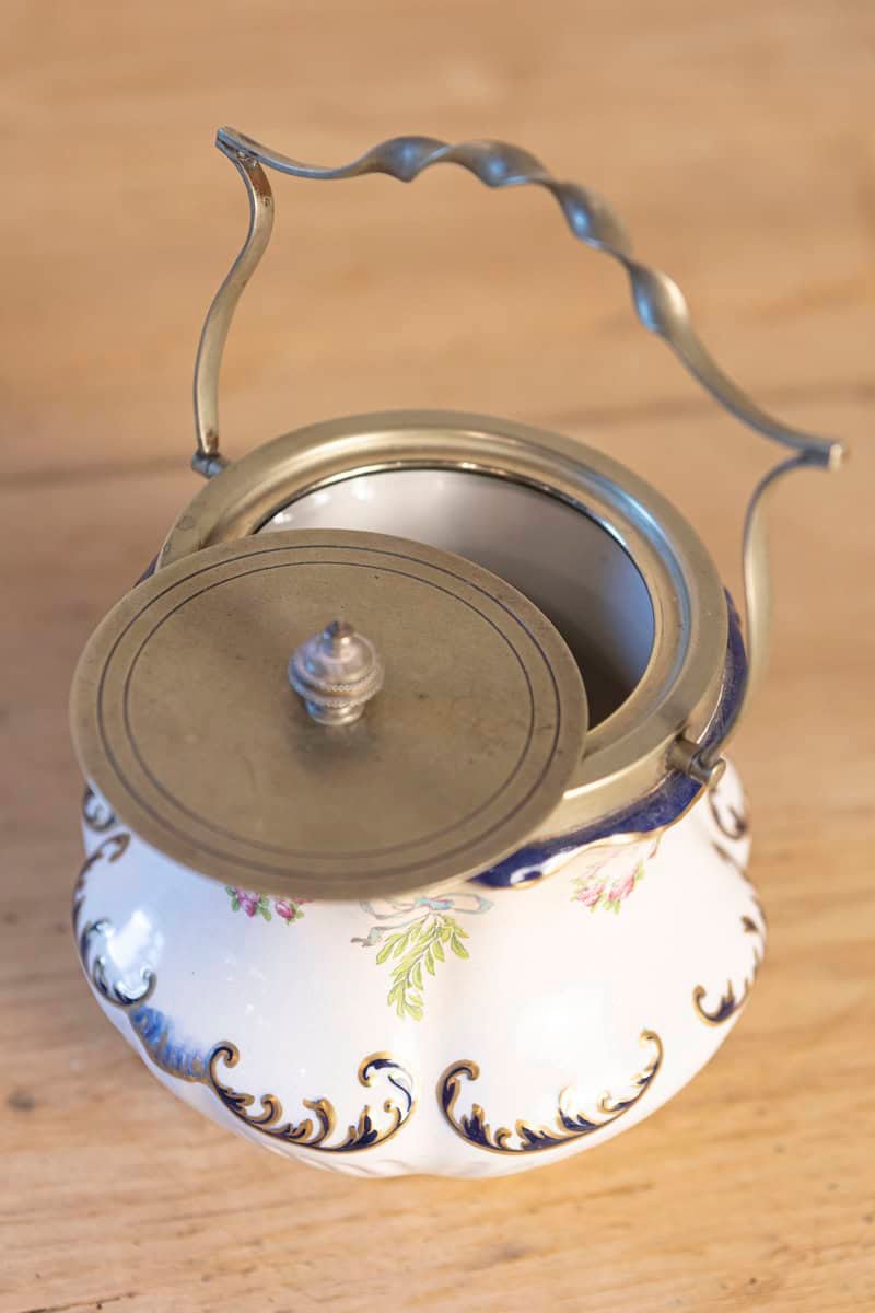 England Crescent Ware 1890s Porcelain Pot with Floral Motifs and EPNS Lid - JAA