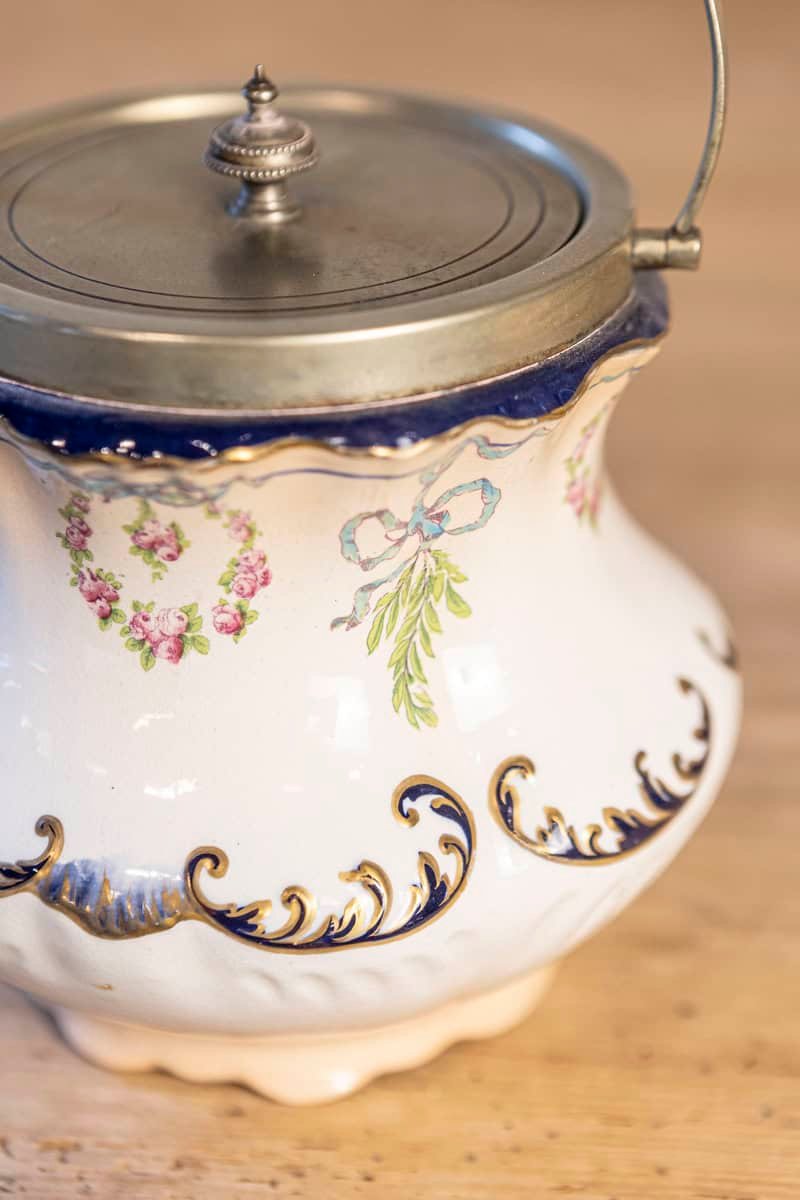 England Crescent Ware 1890s Porcelain Pot with Floral Motifs and EPNS Lid - JAA