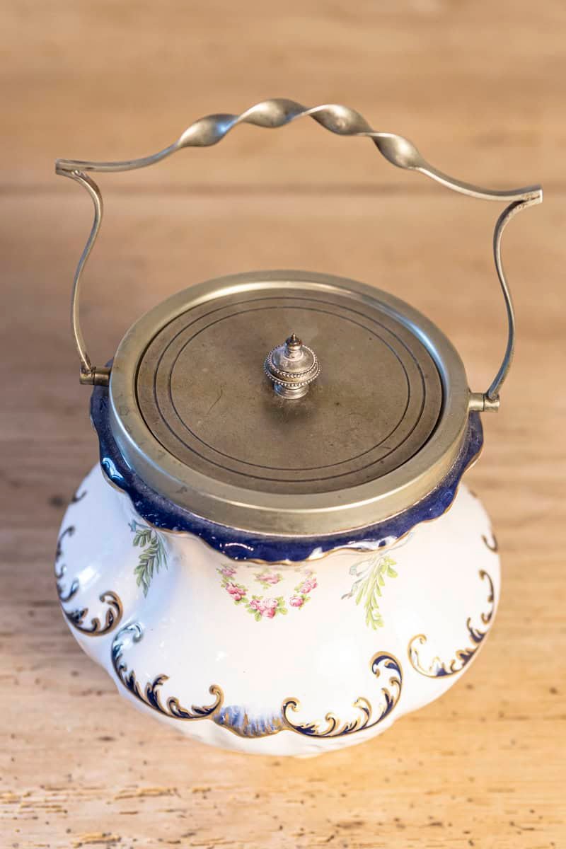 England Crescent Ware 1890s Porcelain Pot with Floral Motifs and EPNS Lid - JAA