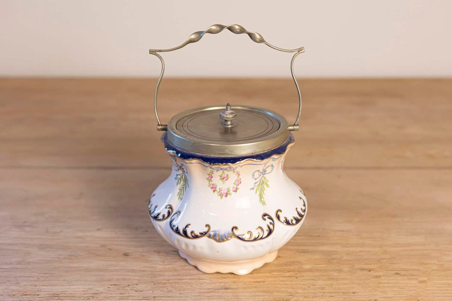 England Crescent Ware 1890s Porcelain Pot with Floral Motifs and EPNS Lid - JAA