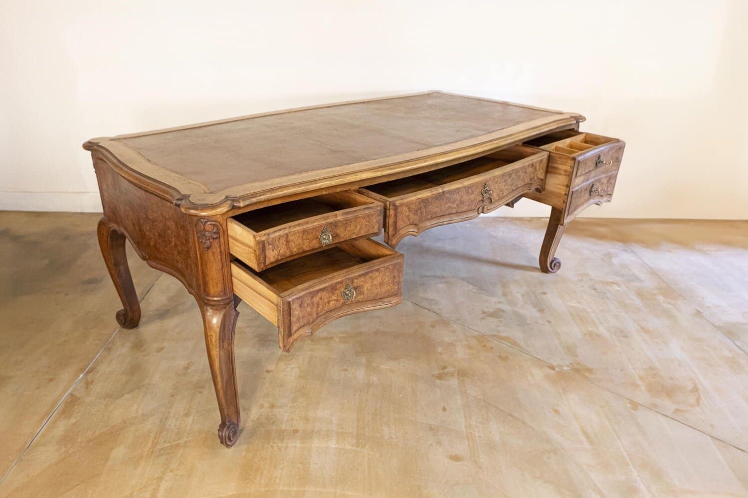 French Louis XV Style 19th Century Burr Walnut and Leather Top Four-Drawer Desk - JAA