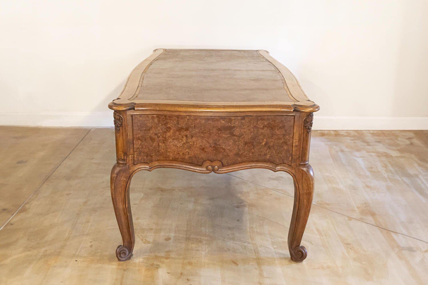 French Louis XV Style 19th Century Burr Walnut and Leather Top Four-Drawer Desk - JAA