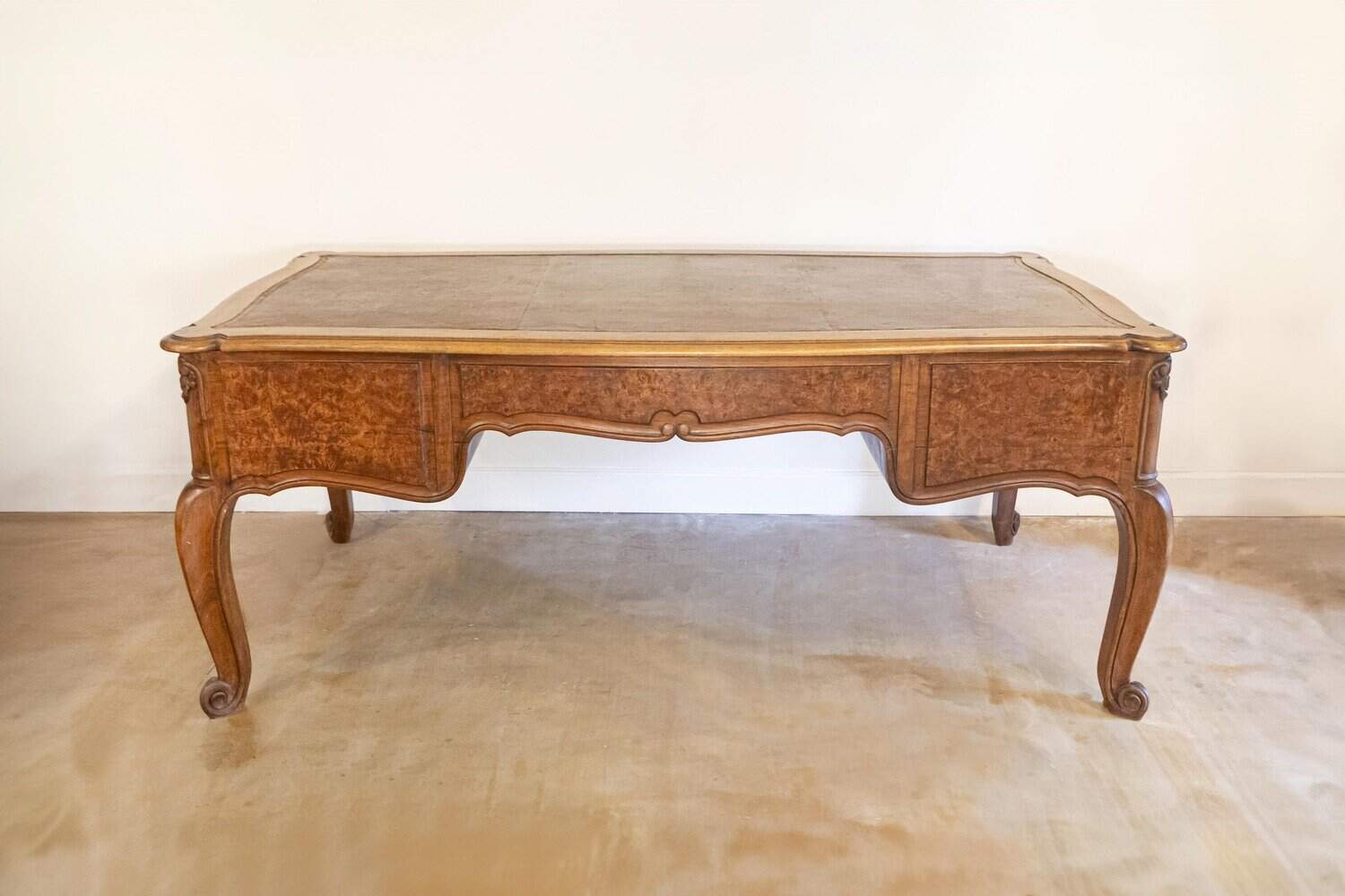 French Louis XV Style 19th Century Burr Walnut and Leather Top Four-Drawer Desk - JAA