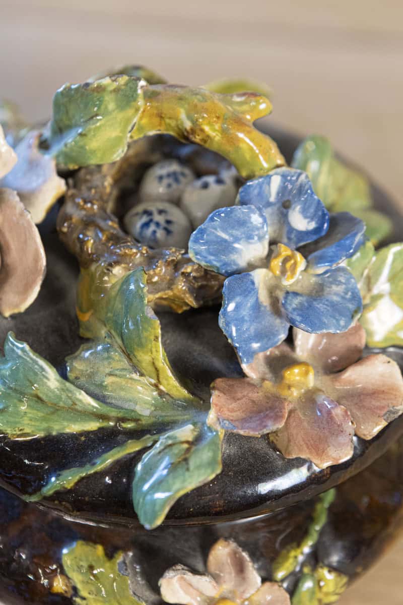 French 19th Century Barbotine Covered Bowl with Floral Décor and Bird's Nest - JAA