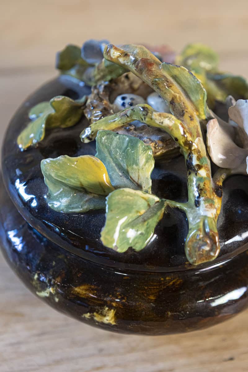 French 19th Century Barbotine Covered Bowl with Floral Décor and Bird's Nest - JAA