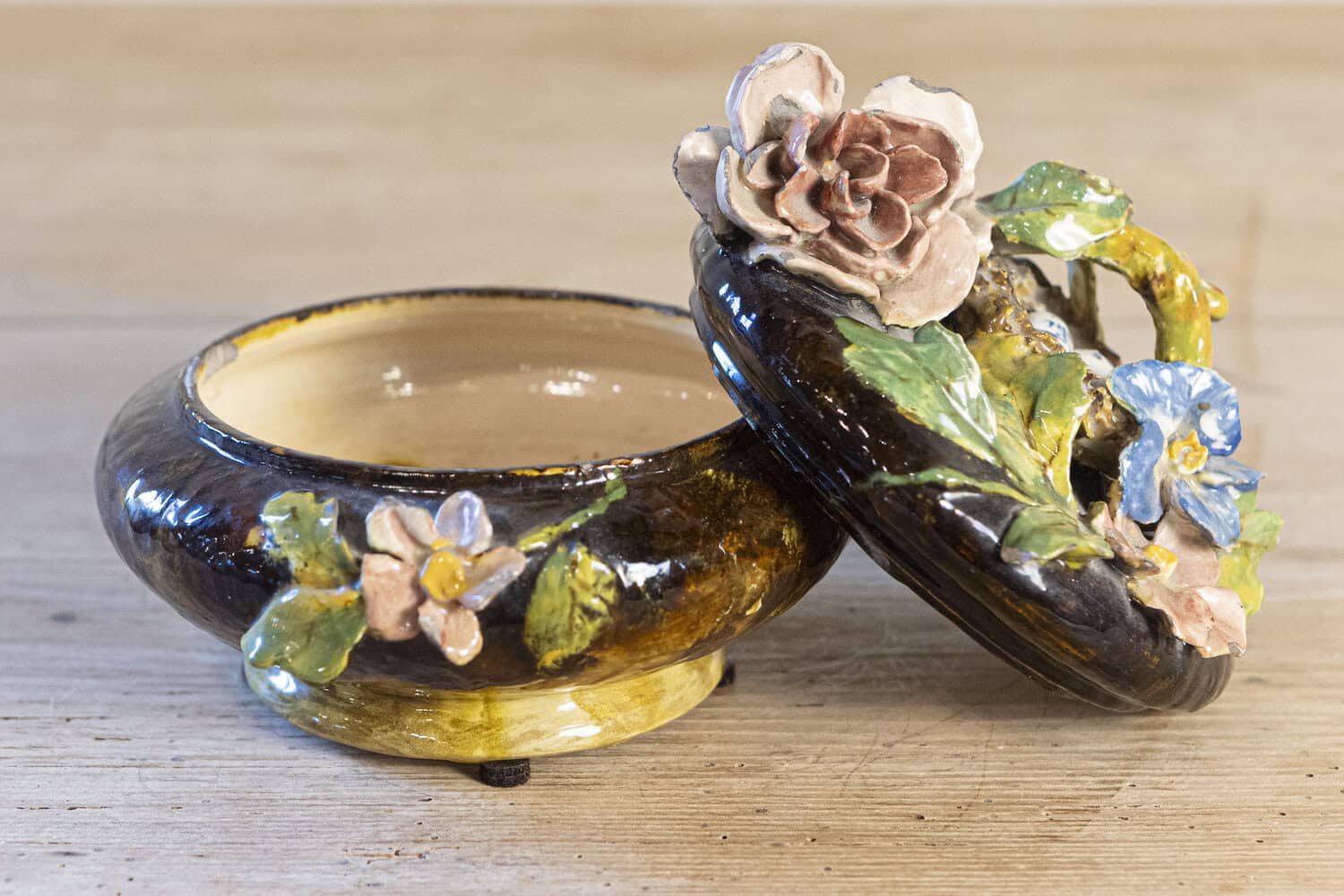 French 19th Century Barbotine Covered Bowl with Floral Décor and Bird's Nest - JAA