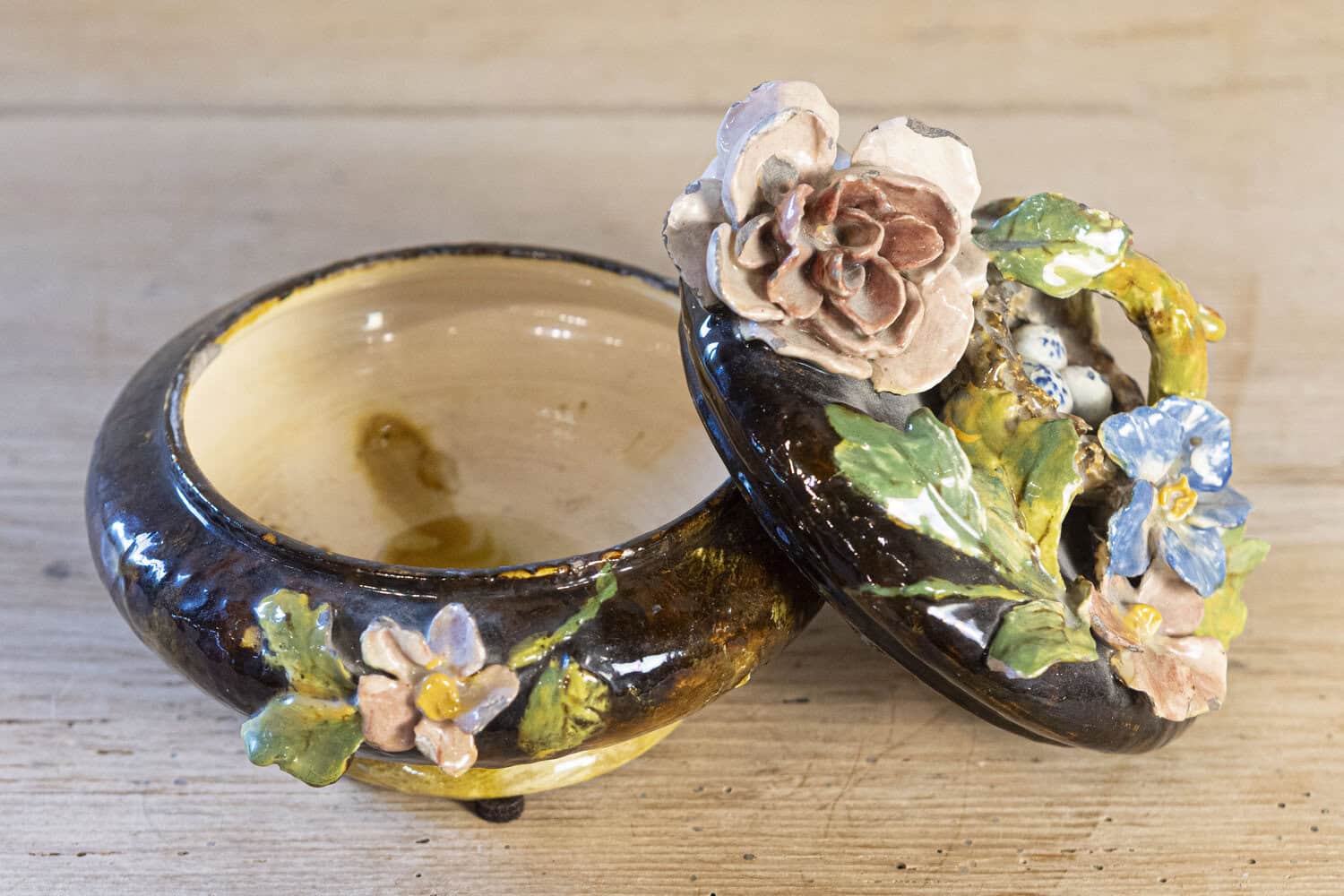 French 19th Century Barbotine Covered Bowl with Floral Décor and Bird's Nest - JAA
