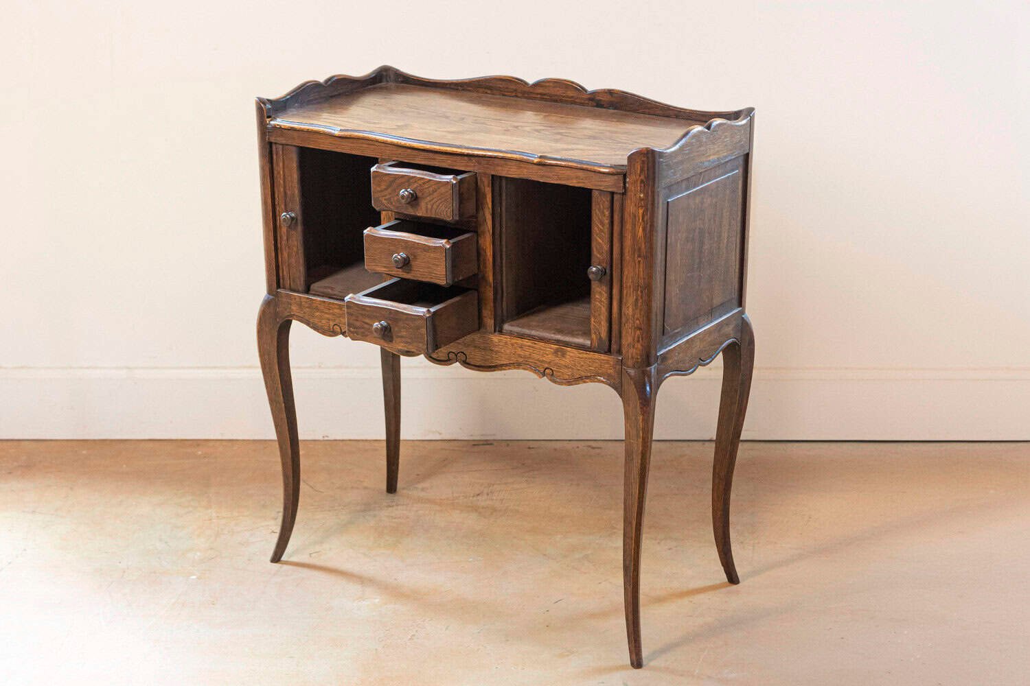 French Oak Table De Chevet with Sliding-Door Cabinets and Three Drawers, 1890s - JAA