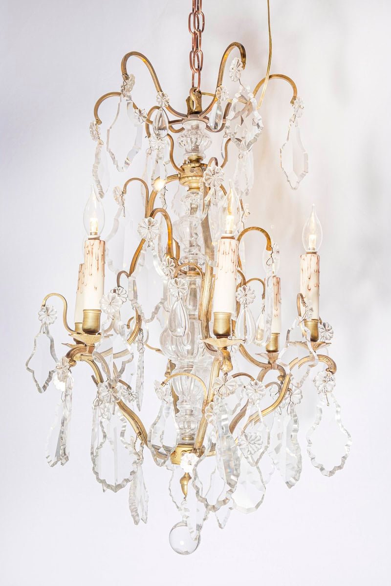 40% OFF at Checkout.  French 19th Century Six-Light Bronze and Crystal Chandelier with Scrolling Arms - JAA