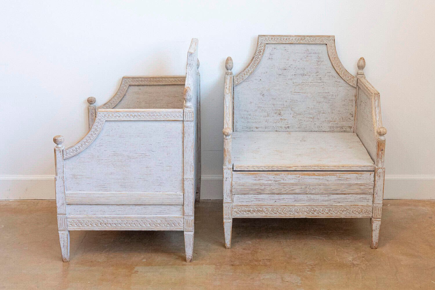 Neoclassical Style 1850s Gray Painted and Carved Armchairs with Guilloches, Pair - JAA