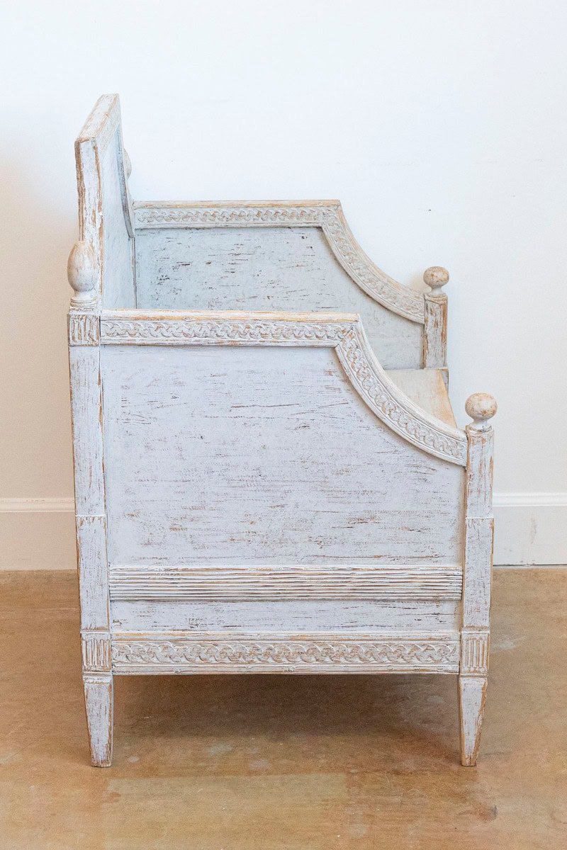 Neoclassical Style 1850s Gray Painted and Carved Armchairs with Guilloches, Pair - JAA