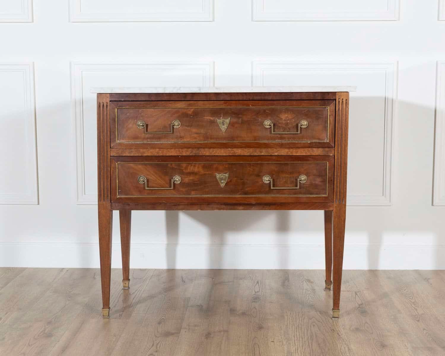 French Louis XVI Style Sauteuse Chest of Drawers in Walnut with Marble Top, Circa 1920 - JAA