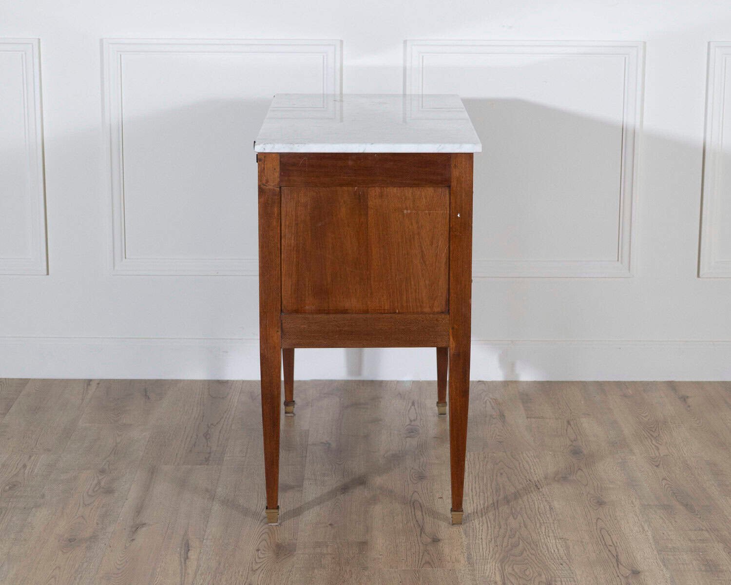 French Louis XVI Style Sauteuse Chest of Drawers in Walnut with Marble Top, Circa 1920 - JAA