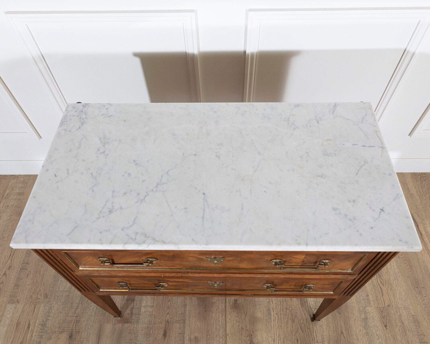 French Louis XVI Style Sauteuse Chest of Drawers in Walnut with Marble Top, Circa 1920 - JAA