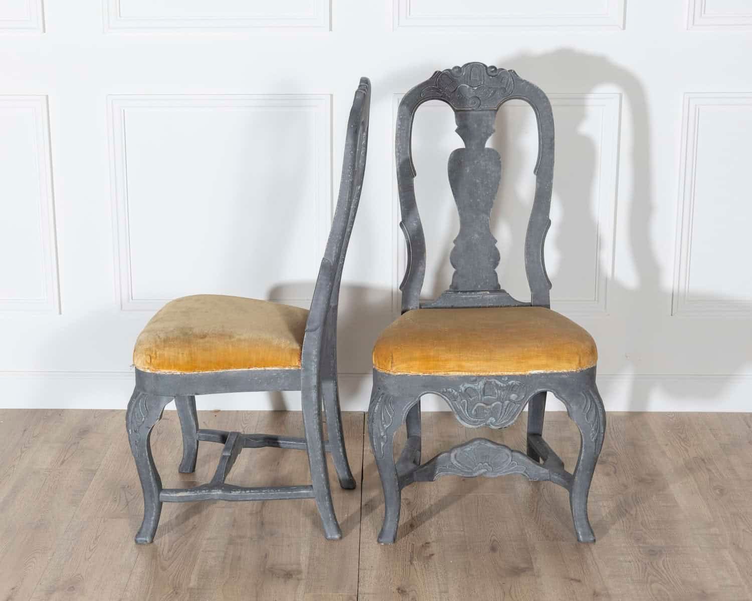 Fine Pair of 19th Century Swedish Rococo Chairs in Black Paint with Mustard Velvet Seats - JAA