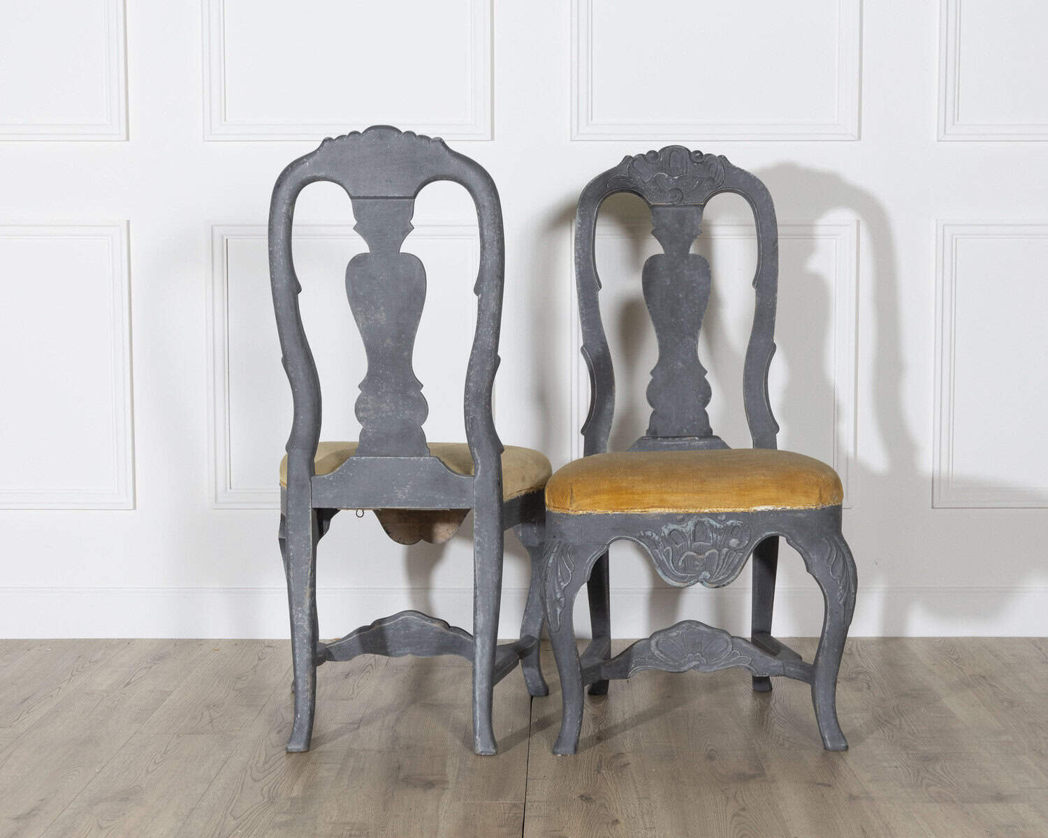 Fine Pair of 19th Century Swedish Rococo Chairs in Black Paint with Mustard Velvet Seats - JAA
