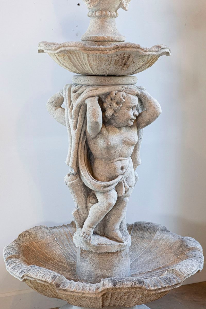 Italian Carved Stone Two-Tiered Garden Fountain from Vicenza - JAA