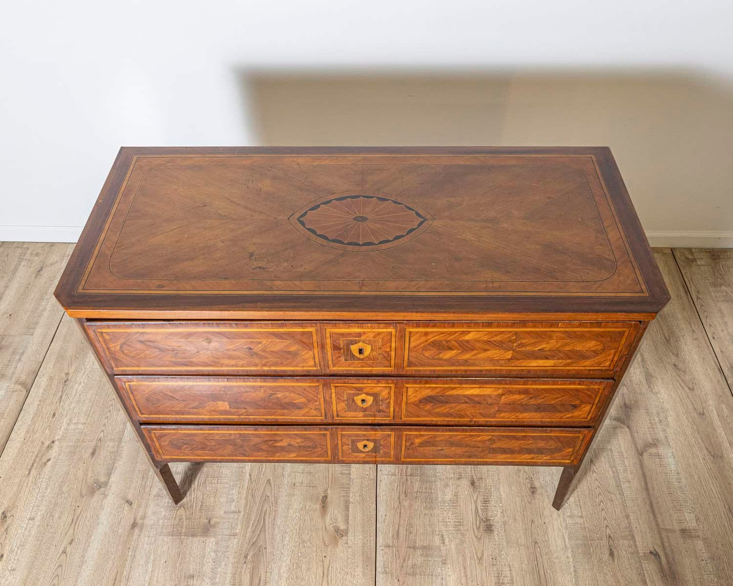 18th Century Italian Inlaid Walnut Commode with Geometric Marquetry - JAA
