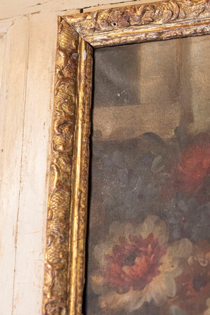 French Louis XV Trumeau Mirror with Original Oil Painting and Carved Gilt Motifs - JAA