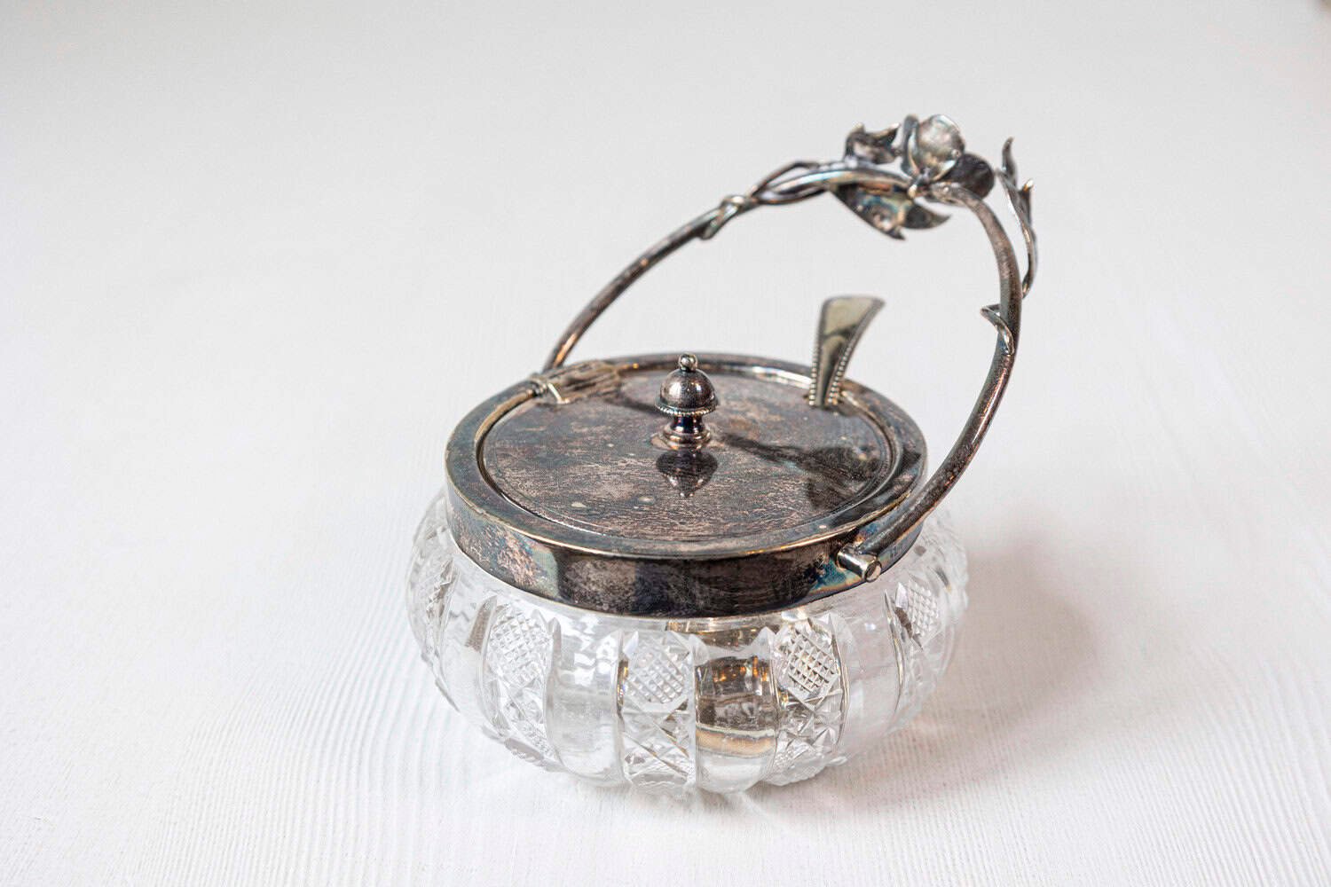Early 20th Century English Cut Glass and Silver Plate Sugar Bowl - JAA